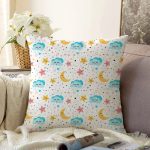 Gökyüzü Bulut Ve Yıldız Desenli Dijital Baskılı Özel Tasarım Modern Raşel Kadife Yastık Kırlent Kılıfı Realhomes