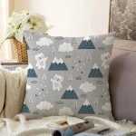 - Print - Realhomes Gri Zeminde Sevimli Ayı Desenli Dijital Baskılı Özel Tasarım Modern Raşel Kadife Yastık Kırlent Kılıfı Realhomes