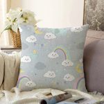 - EasterBasket - Realhomes Gri Zeminde Gökkuşağı Ve Bulutlar Dijital Baskılı Özel Tasarım Modern Raşel Kadife Yastık Kırlent Kılıfı Realhomes