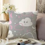 Gri Zeminde Bulutlar Dijital Baskılı Özel Tasarım Modern Raşel Kadife Yastık Kırlent Kılıfı Realhomes