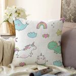 Beyaz Zeminde Sevimli Hayvanlar Motifli Dijital Baskılı Özel Tasarım Modern Raşel Kadife Yastık Kırlent Kılıfı Realhomes