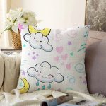 - Decor elements set with cartoon clouds, rain, wind, umbrella, half moon on white background. Seamless pattern. Can be used for sticker, patch, textile, fabric print, poster, baby shower design, party - Realhomes  Sevimli Bulut Ve Ay Temalı Dijital Baskılı Özel Tasarım Modern Raşel Kadife Yastık Kırlent Kılıfı Realhomes