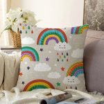 - Basic RGB - Realhomes  Gökkuşağı Ve Bulut Temalı Dijital Baskılı Özel Tasarım Modern Raşel Kadife Yastık Kırlent Kılıfı Realhomes