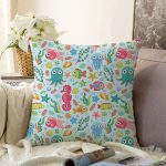 - Print - Realhomes  Deniz Hayvanları Temalı Dijital Baskılı Özel Tasarım Modern Raşel Kadife Yastık Kırlent Kılıfı Realhomes