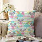 Gökkuşağı Ve Sevimli Fare Desenli Dijital Baskılı Özel Tasarım Modern Raşel Kadife Yastık Kırlent Kılıfı Realhomes
