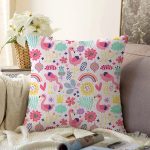 - Print - Realhomes  Pembe Pelikan Ve Çiçek Desenli Dijital Baskılı Özel Tasarım Modern Raşel Kadife Yastık Kırlent Kılıfı Realhomes
