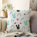 - Print - Realhomes  Uyku Odası Temalı Tavşan Desenli Dijital Baskılı Özel Tasarım Modern Raşel Kadife Yastık Kırlent Kılıfı Realhomes
