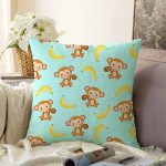 - Seamless pattern with monkey and yellow banana - Realhomes  Mavi Zeminde Maymun Ve Muz Motifli Dijital Baskılı Özel Tasarım Modern Raşel Kadife Yastık Kırlent Kılıfı Realhomes