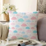 Pembe Mavi Bulut Desenli Dijital Baskılı Özel Tasarım Modern Raşel Kadife Yastık Kırlent Kılıfı Realhomes