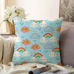 Mavi Zeminde Gökkuşağı Ve Bulut Desenli Dijital Baskılı Özel Tasarım Modern Raşel Kadife Yastık Kırlent Kılıfı Realhomes