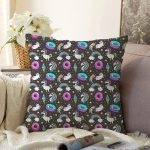 - Печать - Realhomes  Unicorn Ve Donut Desenli Dijital Baskılı Özel Tasarım Modern Raşel Kadife Yastık Kırlent Kılıfı Realhomes