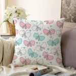 - Print - Realhomes Pembe Mavi Kelebek Desenli Dijital Baskılı Özel Tasarım Modern Raşel Kadife Yastık Kırlent Kılıfı Realhomes