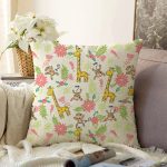 - Sonil-K1401-Gorsel - Realhomes Orman Temalı Maymun Ve Zürafa Desenli Dijital Baskılı Özel Tasarım Modern Raşel Kadife Yastık Kırlent Kılıfı Realhomes