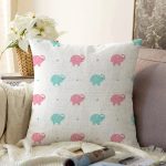 Pembe Mavi Fil Motifli Dijital Baskılı Özel Tasarım Modern Raşel Kadife Yastık Kırlent Kılıfı Realhomes