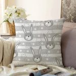 - Печать - Realhomes  Gri Tavşan Motifli Dijital Baskılı Özel Tasarım Modern Raşel Kadife Yastık Kırlent Kılıfı Realhomes