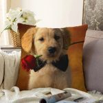 Gül Tutan Sevimli Köpek Yavrusu Dijital Baskılı Dekoratif Modern Raşel Kadife Yastık Kırlent Kılıfı Realhomes