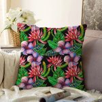 - Sonil-K3444-Gorsel - Realhomes Siyah Zeminde Suluboya Tropik Bitkiler Tasarımlı Modern Raşel Kadife Yastık Kırlent Kılıfı Realhomes