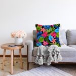 Siyah Zeminde Watercolor Tropikal Desenli Dijital Baskılı Raşel Kadife Yastık Kırlent Kılıfı Realhomes