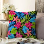 Siyah Zeminde Watercolor Tropikal Desenli Dijital Baskılı Raşel Kadife Yastık Kırlent Kılıfı Realhomes