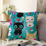 - Sonil-K3491-Gorsel - Realhomes Mavi Zeminde Kedicikler Özel Tasarım Modern Raşel Kadife Yastık Kırlent Kılıfı Realhomes