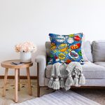- Sonil-K3498-Gorsel-1 - Realhomes Mavi Zeminde Pop Art Özel Tasarımlı Dijital Baskılı Modern Raşel Kadife Yastık Kırlent Kılıfı Realhomes