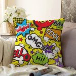 - Sonil-K3504-Gorsel - Realhomes  Sarı Zeminde Popart Özel Tasarımlı Dijital Baskılı Modern Raşel Kadife Yastık Kırlent Kılıfı Realhomes