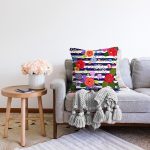 Mavi Çizgili Çiçek Desenli Özel Tasarım Dijital Baskılı Modern Raşel Kadife Yastık Kırlent Kılıfı Realhomes