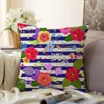 Mavi Çizgili Çiçek Desenli Özel Tasarım Dijital Baskılı Modern Raşel Kadife Yastık Kırlent Kılıfı Realhomes