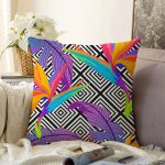 - Sonil-K3543-Gorsel - Realhomes  Geometrik Zeminde Tropikal Yapraklar Dijital Baskılı Modern Raşel Kadife Yastık Kırlent Kılıfı Realhomes