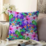 mavi zeminli Rengarenk Çiçekler Modern Raşel Kadife Yastık Kırlent Kılıfı Realhomes