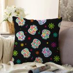 Siyah Zeminde Renkli Motifler Dijital Baskılı Modern Raşel Kadife Yastık Kırlent Kılıfı Realhomes