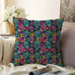 - Sonil-K3718-Gorsel - Realhomes  Renkli İskelet Ve Gül Figürlü Özel Tasarım Dijital Baskılı Modern Raşel Kadife Yastık Kırlent Kılıfı Realhomes