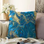 Mavi Zeminli Altın Yaldızlı Dijital Baskılı Modern Raşel Kadife Yastık Kırlent Kılıfı Realhomes