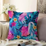 - Sonil-K3745-Gorsel - Realhomes  Mavi Zeminde Rengarenk Çiçekler Modern Raşel Kadife Yastık Kırlent Kılıfı Realhomes