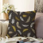 Siyah Zeminde Gold tüyler Dijital Baskılı Modern Raşel Kadife Yastık Kırlent Kılıfı Realhomes