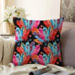 Siyah Zeminde Renkli Motifler Dijital Baskılı Modern Raşel Kadife Yastık Kırlent Kılıfı Realhomes