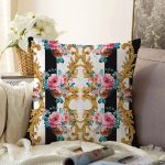 Çizgili Zeminde Altın Ve Çiçek Desenli Özel Tasarım Dijital Baskılı Modern Raşel Kadife Yastık Kırlent Kılıfı Realhomes