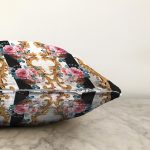 Çizgili Zeminde Altın Ve Çiçek Desenli Özel Tasarım Dijital Baskılı Modern Raşel Kadife Yastık Kırlent Kılıfı Realhomes