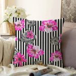 - Sonil-K3805-Gorsel - Realhomes  Çizgili Zeminde Rengarenk Çiçekler Dijital Baskılı Modern Raşel Kadife Yastık Kırlent Kılıfı Realhomes