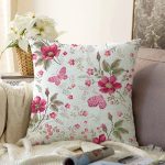 Beyaz Zeminde Pembe Çiçekler Dijital Baskılı Modern Şönil Yastık Kırlent Kılıfı Realhomes