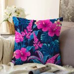 - Sonil-K3859-Gorsel - Realhomes Mavi Zeminde Rengarenk Çiçekler Dijital Baskılı Modern Şönil Yastık Kırlent Kılıfı Realhomes