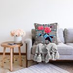 - Sonil-K3862-Gorsel-1 - Realhomes  Ekose Zeminde Kırmızı Çiçekler Dijital Baskılı Modern Raşel Kadife Yastık Kırlent Kılıfı Realhomes