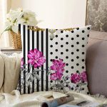 Çizgili Puanlı Zeminde Çiçek Desenli Özel Tasarım Dijital Baskılı Modern Raşel Kadife Yastık Kırlent Kılıfı Realhomes