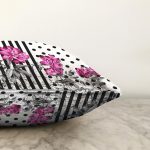 Çizgili Puanlı Zeminde Çiçek Desenli Özel Tasarım Dijital Baskılı Modern Raşel Kadife Yastık Kırlent Kılıfı Realhomes