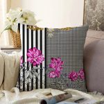 - Sonil-K3903-Gorsel - Realhomes  Çizgili Kaz Ayaklı Zeminde Çiçek Desenli Özel Tasarım Dijital Baskılı Modern Raşel Kadife Yastık Kırlent Kılıfı Realhomes
