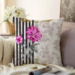 Çizgili Zeminde Çiçek Desenli Özel Tasarım Dijital Baskılı Modern Raşel Kadife Yastık Kırlent Kılıfı Realhomes