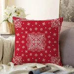 - Sonil-K3907-Gorsel - Realhomes Kırmızı Zeminde Etnik Motifler Dijital Baskılı Modern Raşel Kadife Yastık Kırlent Kılıfı Realhomes