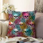 - Sonil-K3929-Gorsel - Realhomes  Renkli Zeminde Kurukafa Motifli Dijital Baskılı Modern Raşel Kadife Yastık Kırlent Kılıfı Realhomes