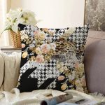 - Sonil-K3936-Gorsel - Realhomes  Kaz Ayağı Zeminde Rengarenk Çiçekler Dijital Baskılı Modern Raşel Kadife Yastık Kırlent Kılıfı Realhomes