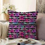 - Sonil-K3944-Gorsel - Realhomes  Çizgili Zeminde Rengarenk Çiçekler Dijital Baskılı Modern Raşel Kadife Yastık Kırlent Kılıfı Realhomes